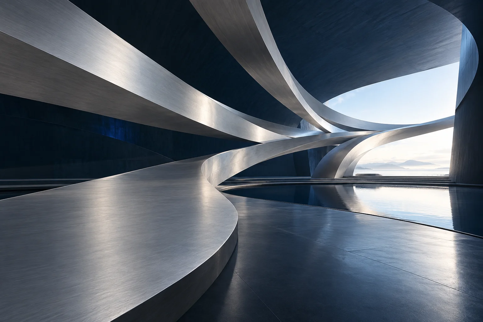 Silver architectural spans converge toward an open horizon.