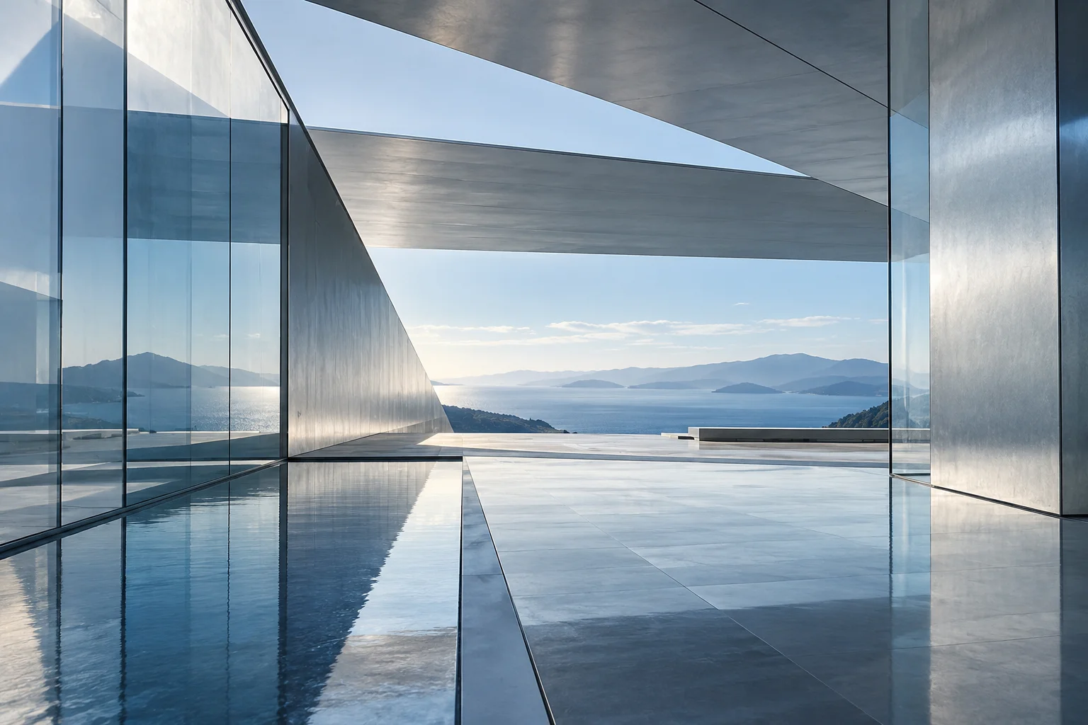Layered glass and silver architecture frame a distant blue horizon.